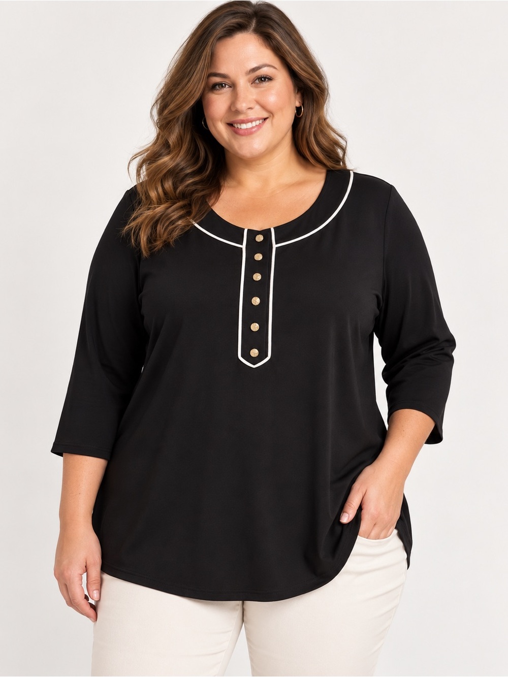 Anne Klein Black Long Sleeve Top with White Piping and Gold Buttons